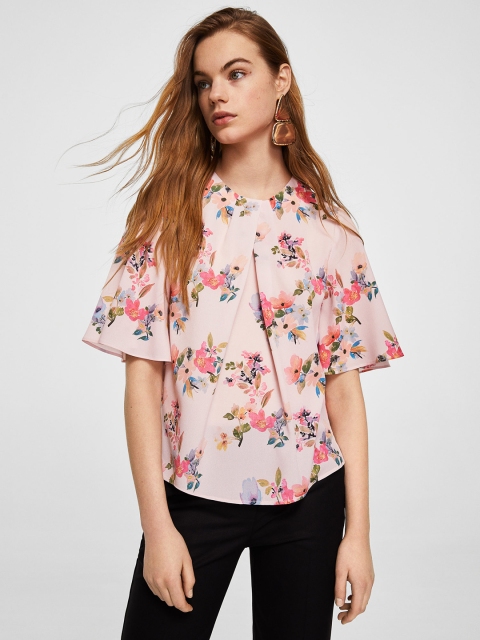 

MANGO Women Pink Printed Styled Back Top