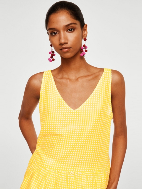 

MANGO Women Yellow Checked A-Line Top