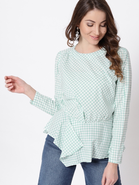 

MANGO Women Off-White Checked Cinched Waist Top