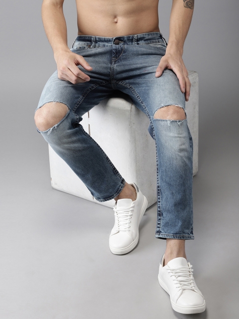 

HERE&NOW Men Blue Slim Fit Mid-Rise Cropped Slash Knee Stretchable Jeans