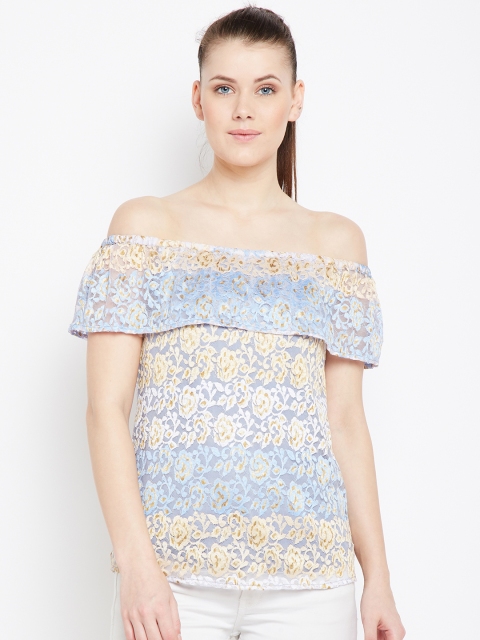 

Latin Quarters Women Blue Lace Self Design Bardot Top