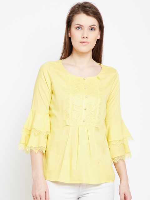 

Latin Quarters Women Yellow Solid Top with Lace Inserts