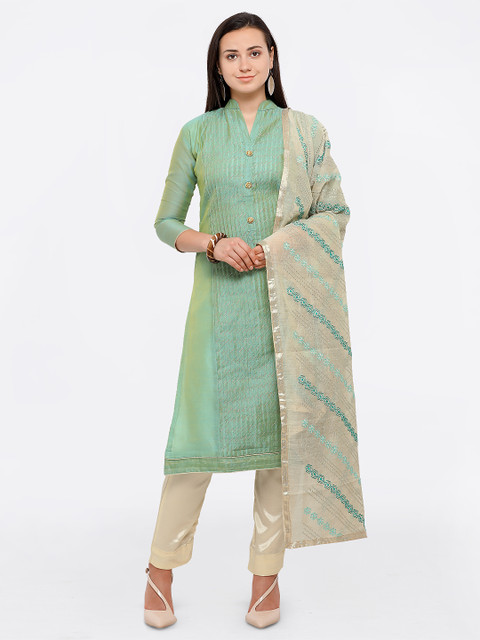 

Saree mall Sea Green & Beige Cotton Blend Embroidered Semi-Stitched Dress Material