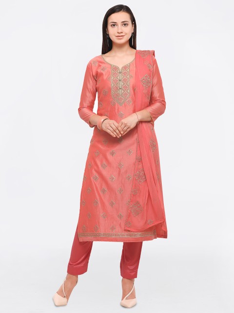 

Saree mall Peach-Coloured Cotton Blend Embroidered Semi-Stitched Dress Material