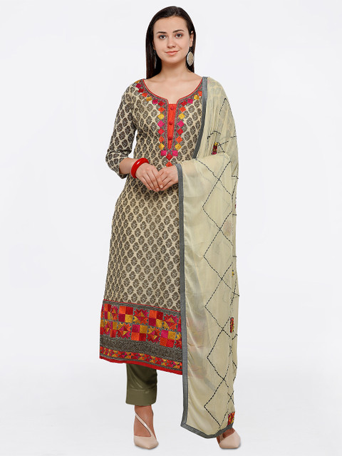 

Saree mall Olive Green & Beige Cotton Blend Embroidered Semi-Stitched Dress Material