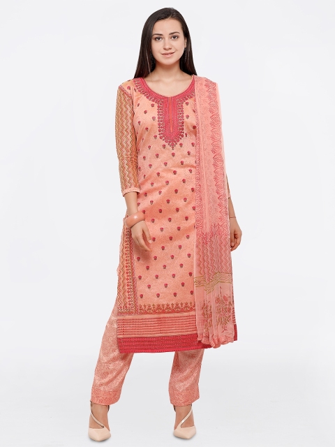 

Saree mall Peach-Coloured Cotton Blend Embroidered Semi-Stitched Dress Material