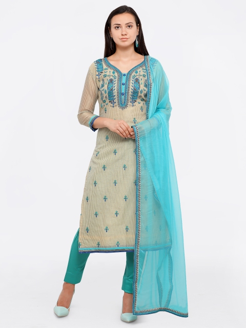 

Saree mall Beige & Blue Cotton Blend Embroidered Unstitched Dress Material
