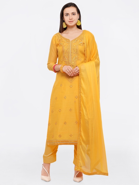 

Saree mall Mustard Cotton Blend Embroidered Semi-Stitched Dress Material
