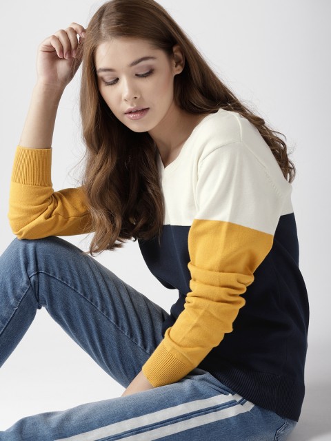 

Mast & Harbour Women Navy Blue & Off-White Colourblocked Pullover