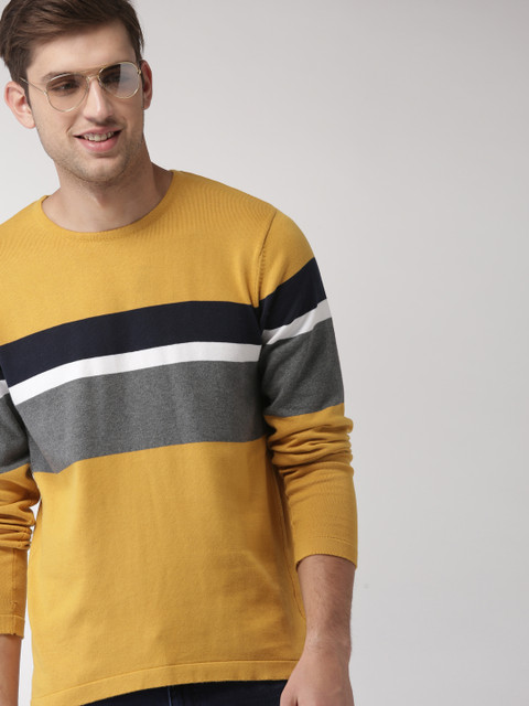 

Mast & Harbour Men Mustard Yellow & Grey Colourblocked Pullover Sweater