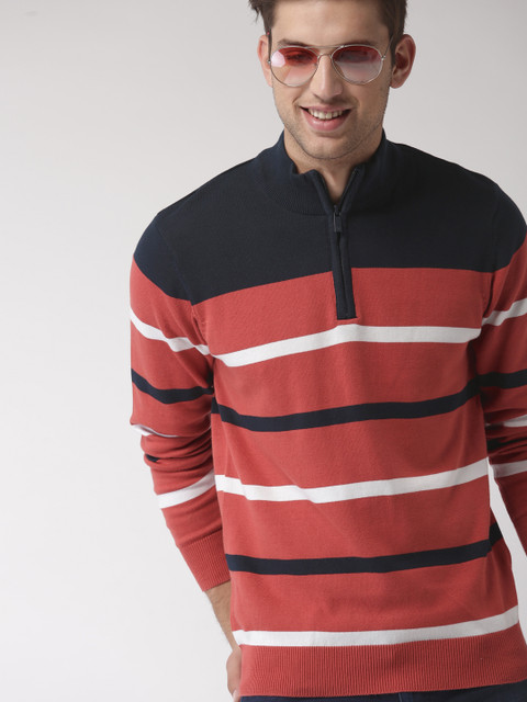 

Mast & Harbour Men Coral Pink & Navy Blue Striped Pullover Sweater
