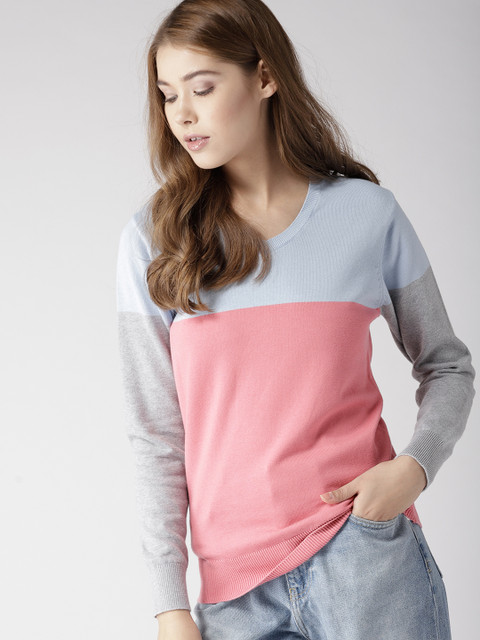 

Mast & Harbour Women Pink & Blue Colourblocked Pullover