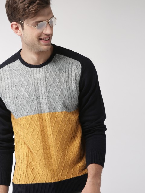 

Mast & Harbour Men Grey & Mustard Yellow Colourblocked Pullover Sweater