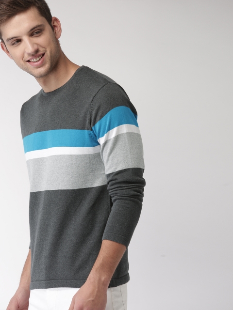 

Mast & Harbour Men Grey & Charcoal Colourblocked Pullover Sweater