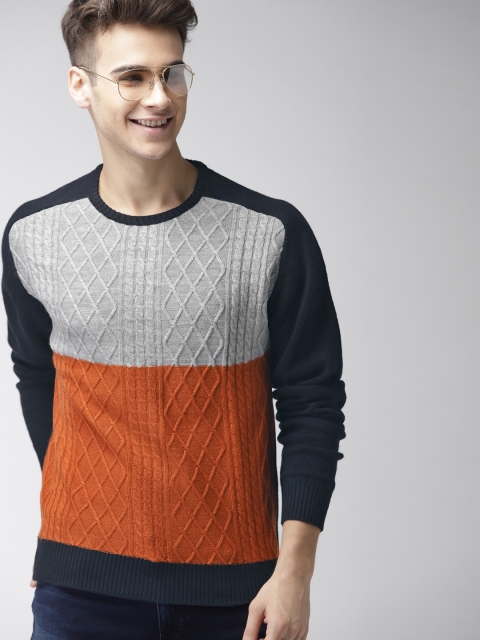 

Mast & Harbour Men Grey Melange & Rust Orange Self-Design Pullover Sweater