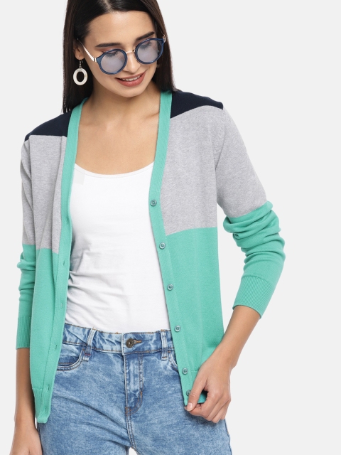 

Mast & Harbour Women Grey Melange & Sea Green Colourblocked Cardigan