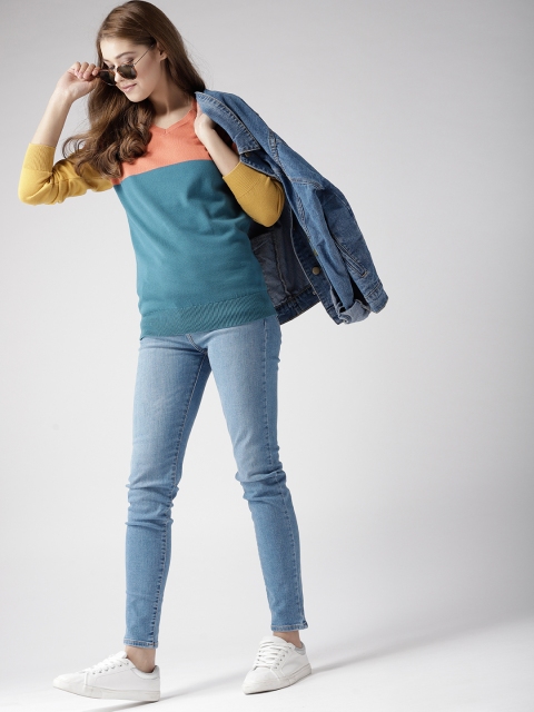 

Mast & Harbour Women Teal Blue & Orange Colourblocked Pullover