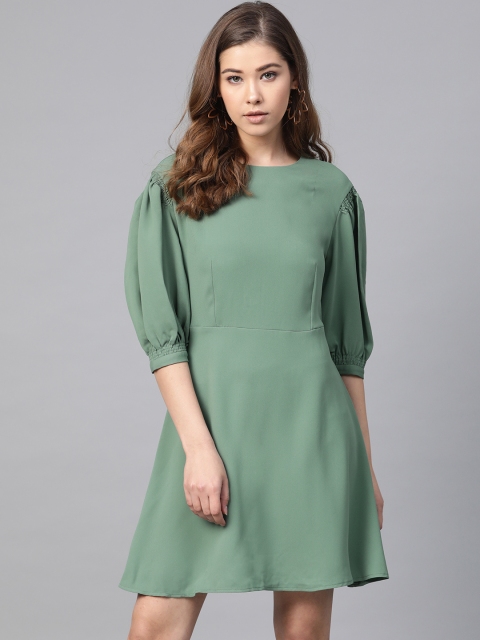 

MANGO Women Olive Green Solid A-Line Dress