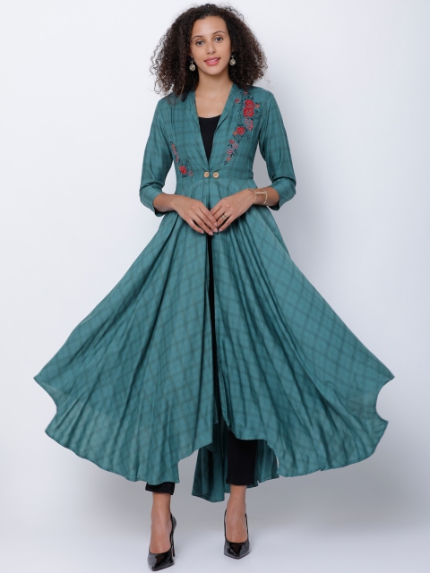 

Vishudh Women Teal Blue Checked Anarkali Kurta