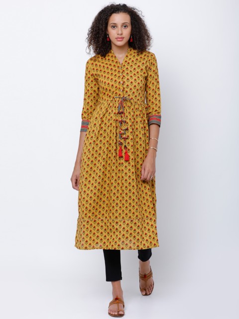 

Vishudh Women Mustard Yellow Printed A-Line Kurta