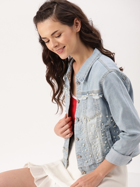 

DressBerry Women Blue Washed Embellished Denim Jacket