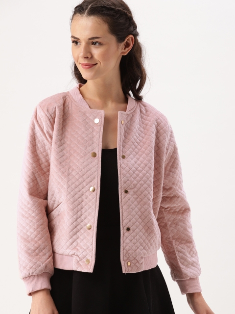 

DressBerry Women Peach-Coloured Self Design Bomber Jacket