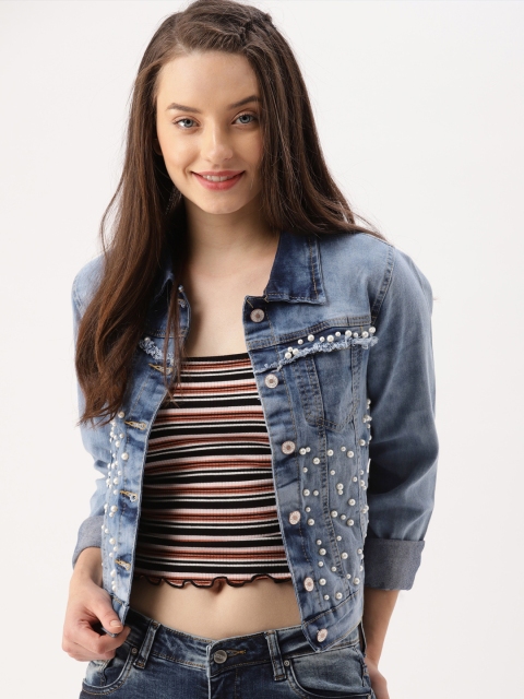 

DressBerry Women Blue Washed Embellished Denim Jacket
