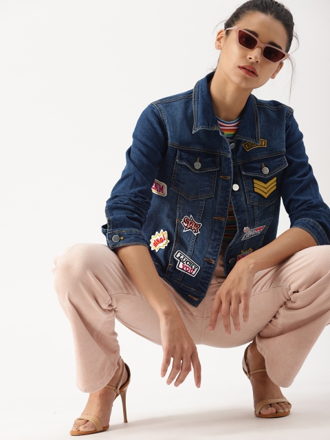 

DressBerry Women Blue Solid Denim Jacket with Applique Detail