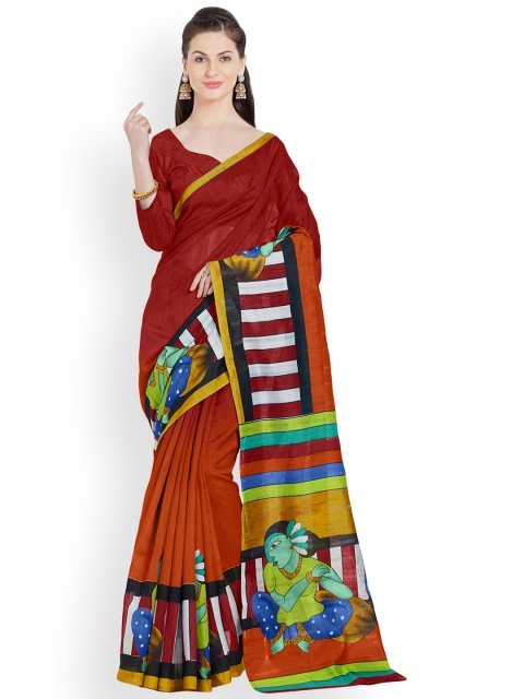 

MIRCHI FASHION Women Red & Orange Art Silk Solid Saree