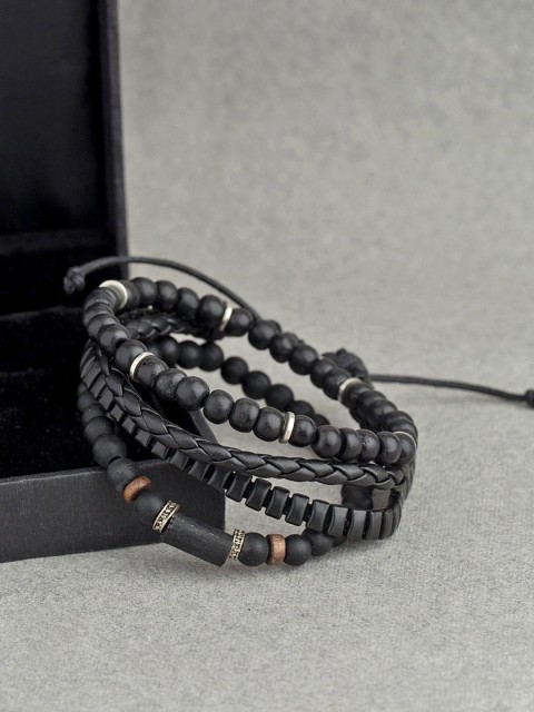 

Dare by Voylla Set of 3 Black Leather Multistranded Bracelet