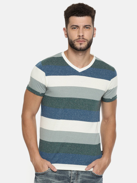 

Jack & Jones Men Blue & Cream-Coloured Striped V-Neck T-shirt