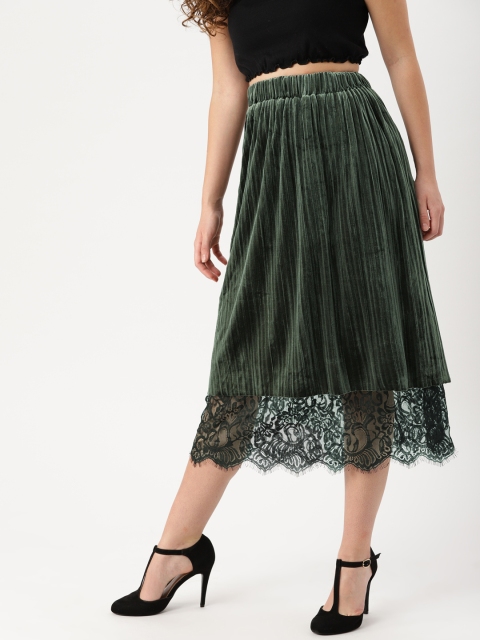 

DressBerry Women Olive Green Lace A-Line Flared Midi Skirt