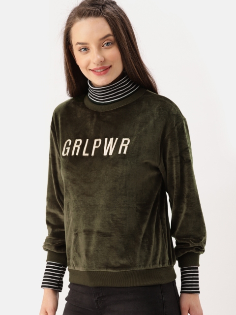 

DressBerry Women Olive Green Solid Velvet Embroidered Sweatshirt