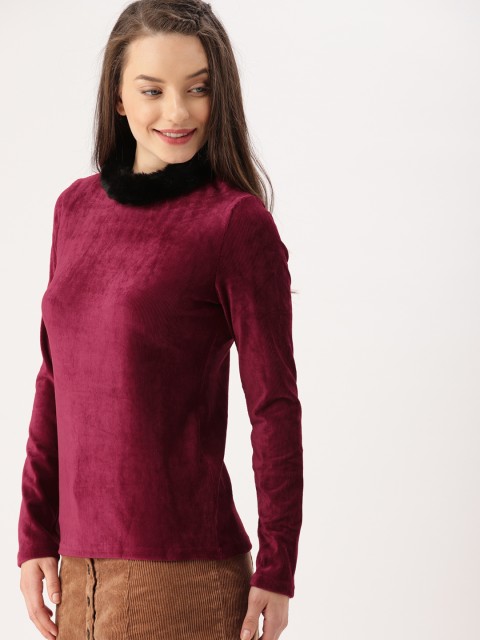 

DressBerry Women Maroon Solid Velvet Sweatshirt