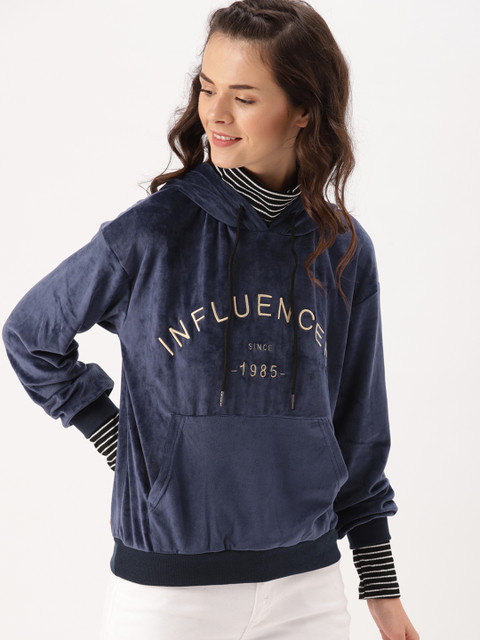 

DressBerry Women Navy Blue Embroidered Velvet Hooded Sweatshirt