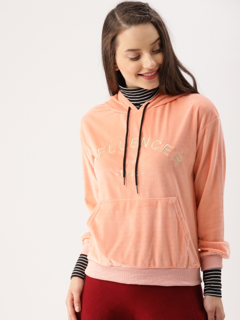 

DressBerry Women Navy Blue Embroidered Velvet Hooded Sweatshirt, Pink
