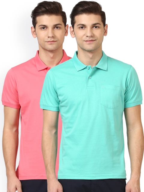 

Parx Men Pack of 2 Pink & Sea Green Solid Polo Collar T-shirts