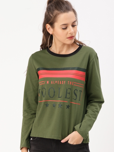 

DressBerry Women Olive Green Printed Round Neck T-shirt