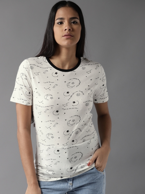 

HERE&NOW Women White Printed Round Neck T-shirt