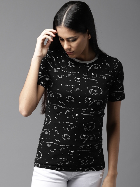 

HERE&NOW Women Black Printed Round Neck T-shirt