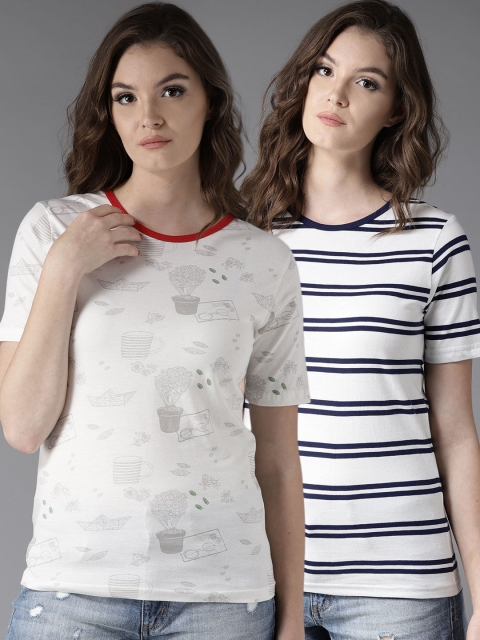 

HERE&NOW Women Pack of 2 Printed T-shirts, White