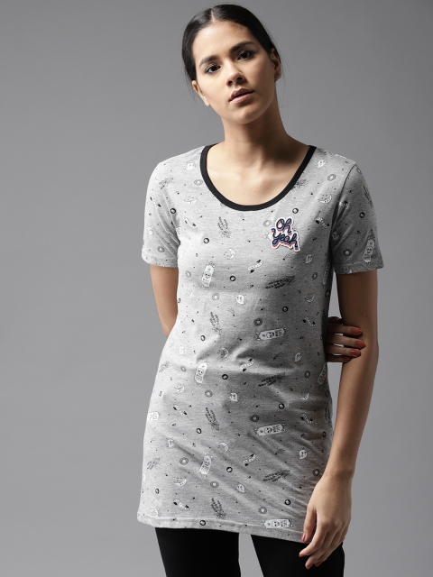 

HERE&NOW Women Grey Melange Printed Round Neck Longline T-shirt