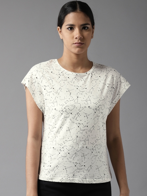 

HERE&NOW Women White Printed Round Neck T-shirt
