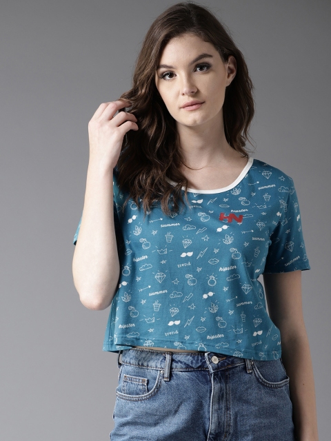 

HERE&NOW Women Teal Blue Printed Round Neck Crop T-shirt