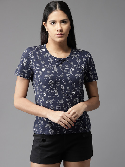 

HERE&NOW Women Navy Blue Printed Round Neck T-shirt