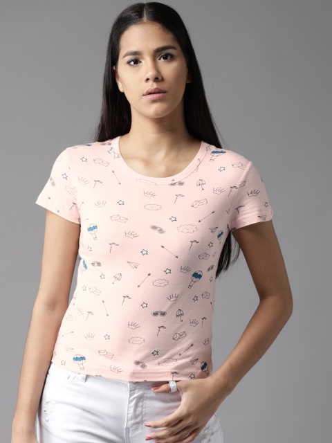 

HERE&NOW Women Pink Printed Round Neck T-shirt