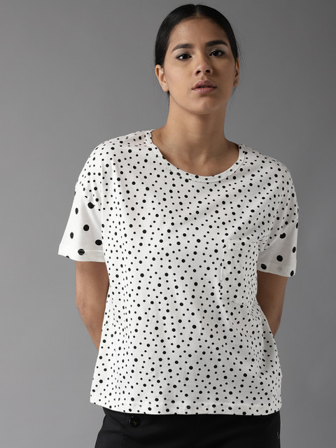 

HERE&NOW Women White & Black Printed Round Neck T-shirt