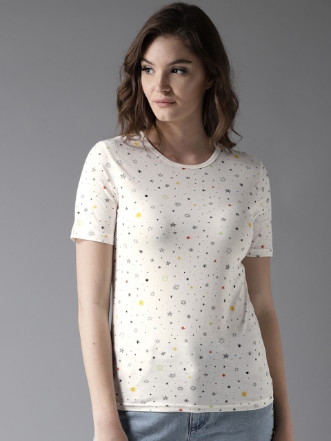 

HERE&NOW Women White Printed Round Neck T-shirt