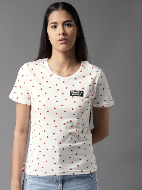 

HERE&NOW Women White Printed Round Neck T-shirt