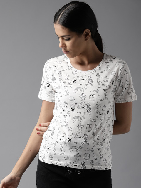 

HERE&NOW Women White Printed Round Neck T-shirt